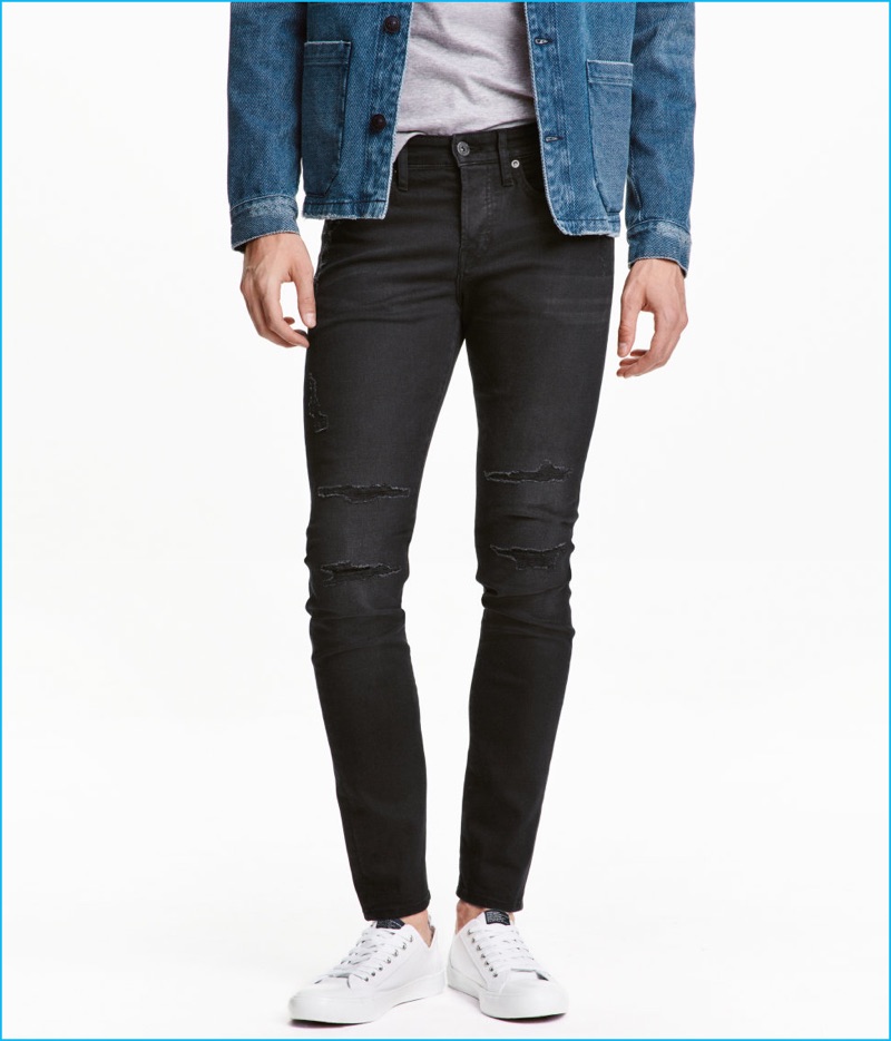 H&M Men's Skinny Low Trashed Black Denim Jeans