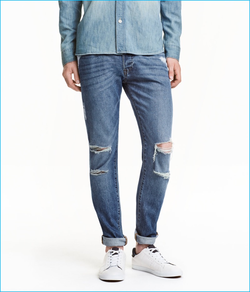 H&M Men's Skinny Low Trashed Blue Jeans