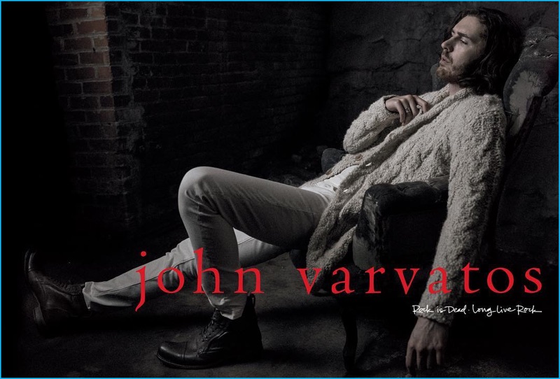 Hozier pictured in a deconstructed knit cardigan for John Varvatos' fall-winter 2016 campaign. » Hozier Fronts John Varvatos' First Color Campaign Hozier pictured in a deconstructed knit cardigan for John Varvatos' fall-winter 2016 campaign.