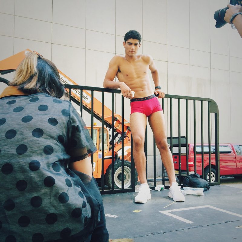 Model Torin Verdone poses for pictures outside Parke & Ronen's spring-summer 2017 show venue.