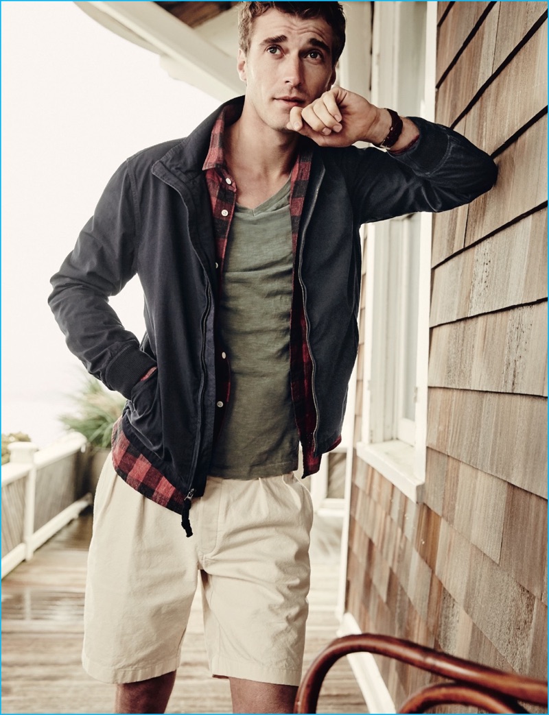 J.Crew August 2016 Style Guide: Clément Chabernaud layers in a short jacket and plaid shirt to go with Wallace & Barnes pleated shorts from J.Crew.
