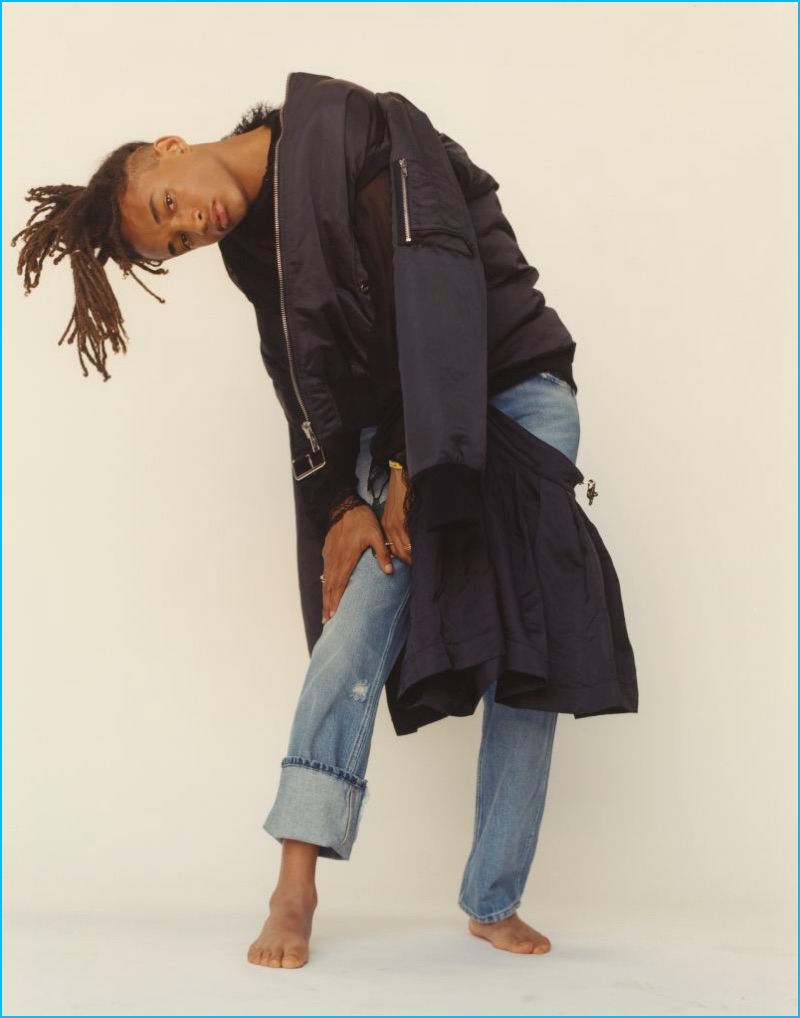Jaden Smith wears a Moschino bomber jacket with an Isabel Marant shirt and Gucci jeans.
