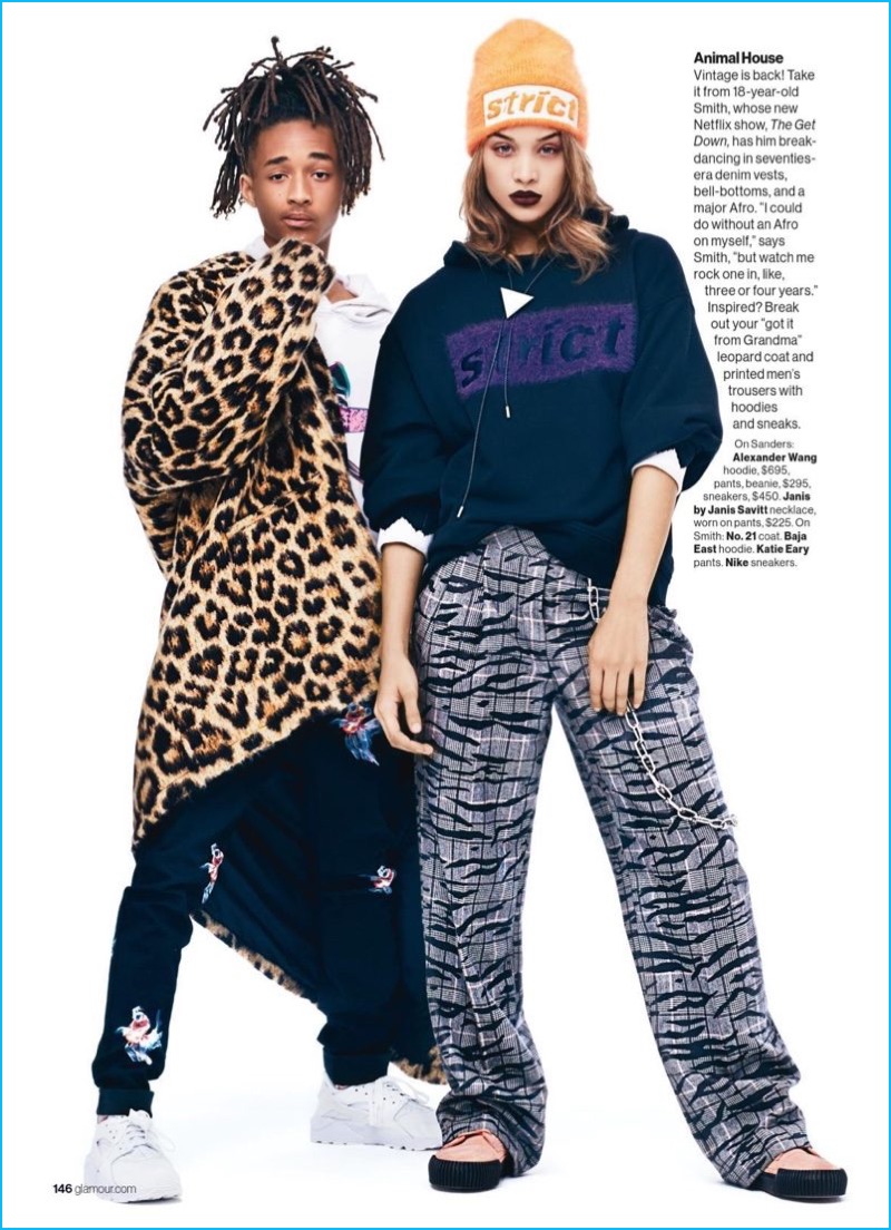 Pictured with Jasmine Sanders, Jaden Smith rocks a leopard No. 21 coat with a Baja East hoodie, Katie Eary joggers and Nike sneakers.