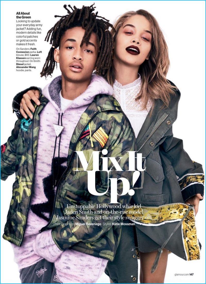 Wearing a camouflage Diesel jacket, Jaden Smith joins model Jasmine Sanders for a Glamour photo shoot.