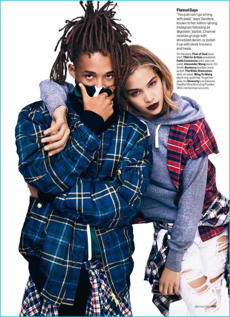 Posing with Jasmine Sanders, Jaden Smith has a modern grunge moment in plaid fashions from Burberry and The Elder Statesman.
