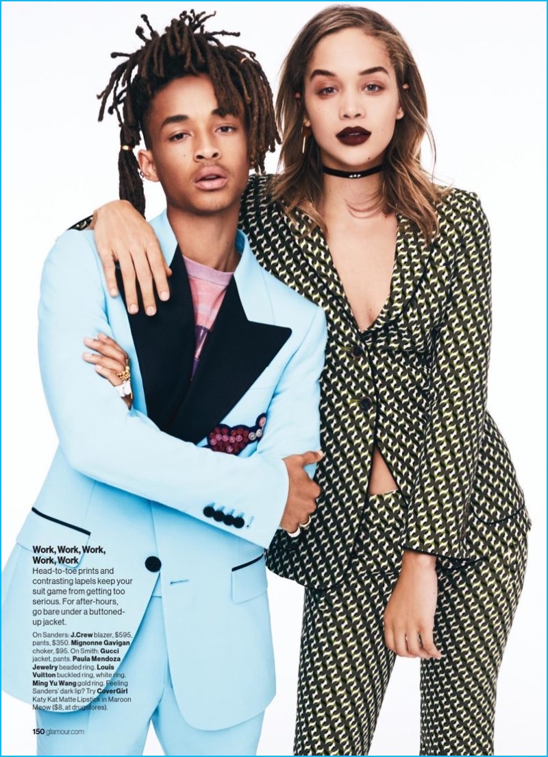 Jaden smith gets professional with  Jasmine Sanders, donning a retro-inspired tuxedo from Italian fashion house Gucci.