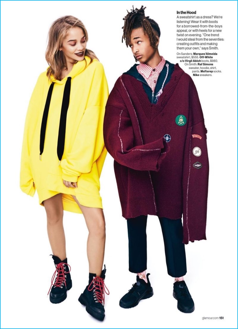 Jaden Smith and Jasmine Sanders embrace oversized proportions. Smith dons a v-neck sweater from Raf Simons.