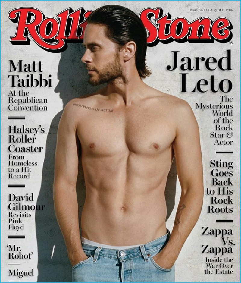 Going shirtless and rocking a pair of denim jeans, Jared Leto covers the August 6, 2016 issue of Rolling Stone.