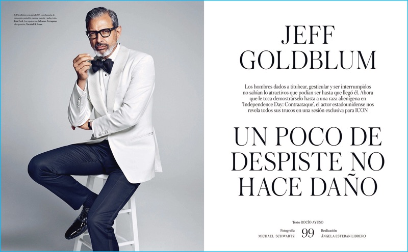 Jeff Goldblum dons a white dinner jacket and tuxedo pants for an Icon El País photo shoot.