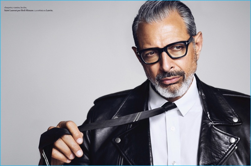 Jeff Goldblum brings his signature cool in a Saint Laurent by Hedi Slimane leather biker jacket.
