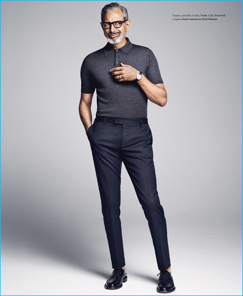 Jeff Goldblum cuts a trim figure in a fitted look from Italian fashion house Prada.