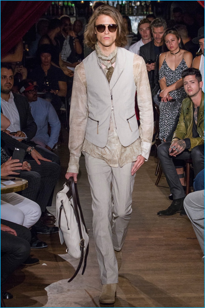 John Varvatos updates the waistcoat with zippered details for spring-summer 2017.