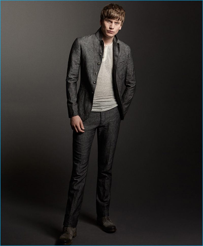John Varvatos achieves an easy cool with its striped henley and linen tailoring.