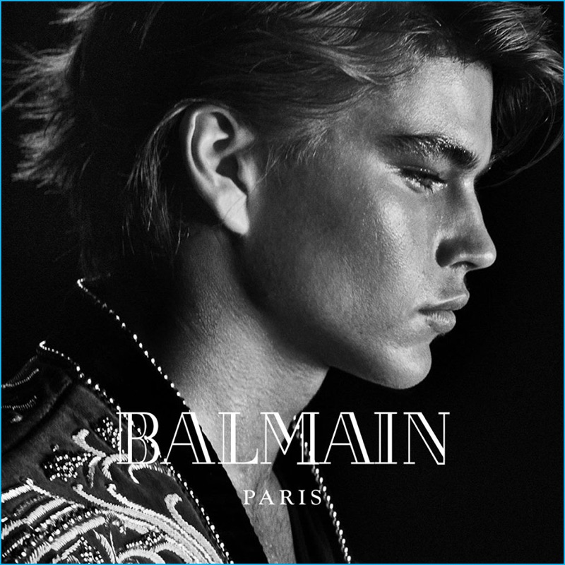 Jordan Barrett is front and center for Balmain's fall-winter 2016 campaign.