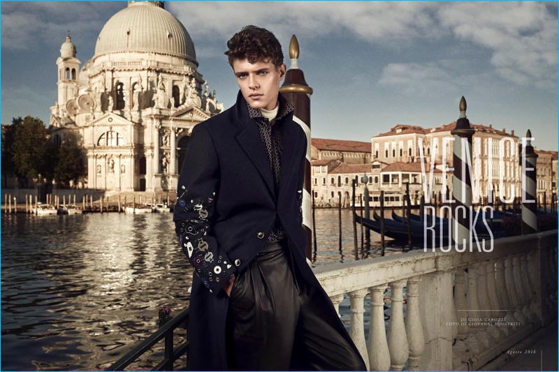 Model Jordy Baan makes a fall statement in an embellished Versace coat.
