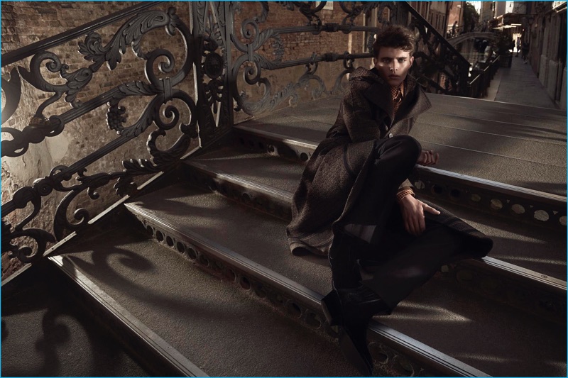 Jordy Baan pictured in a Givenchy overcoat for the pages of Gentleman Italia.