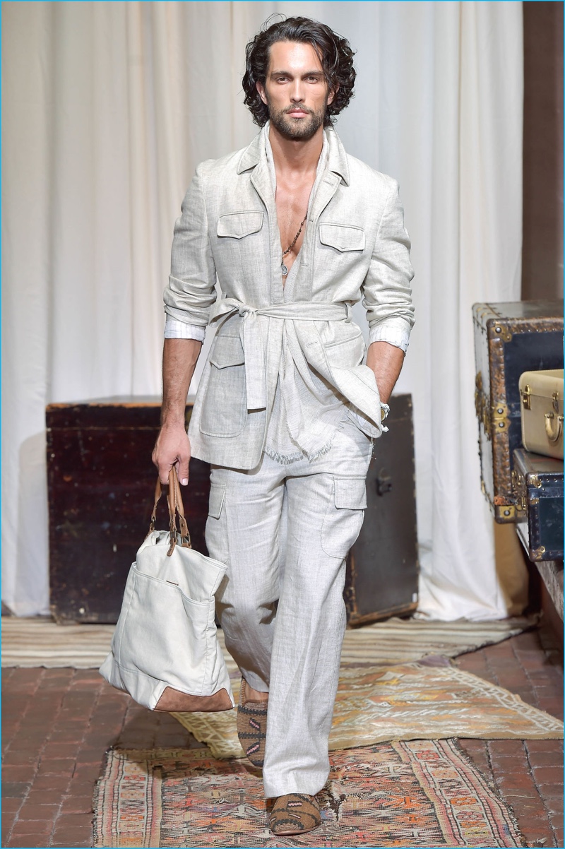 Taking to the catwalk for Joseph Abboud's spring-summer 2017 runway show, Tobias Sorensen models a linen safari look that even includes cargo pants.