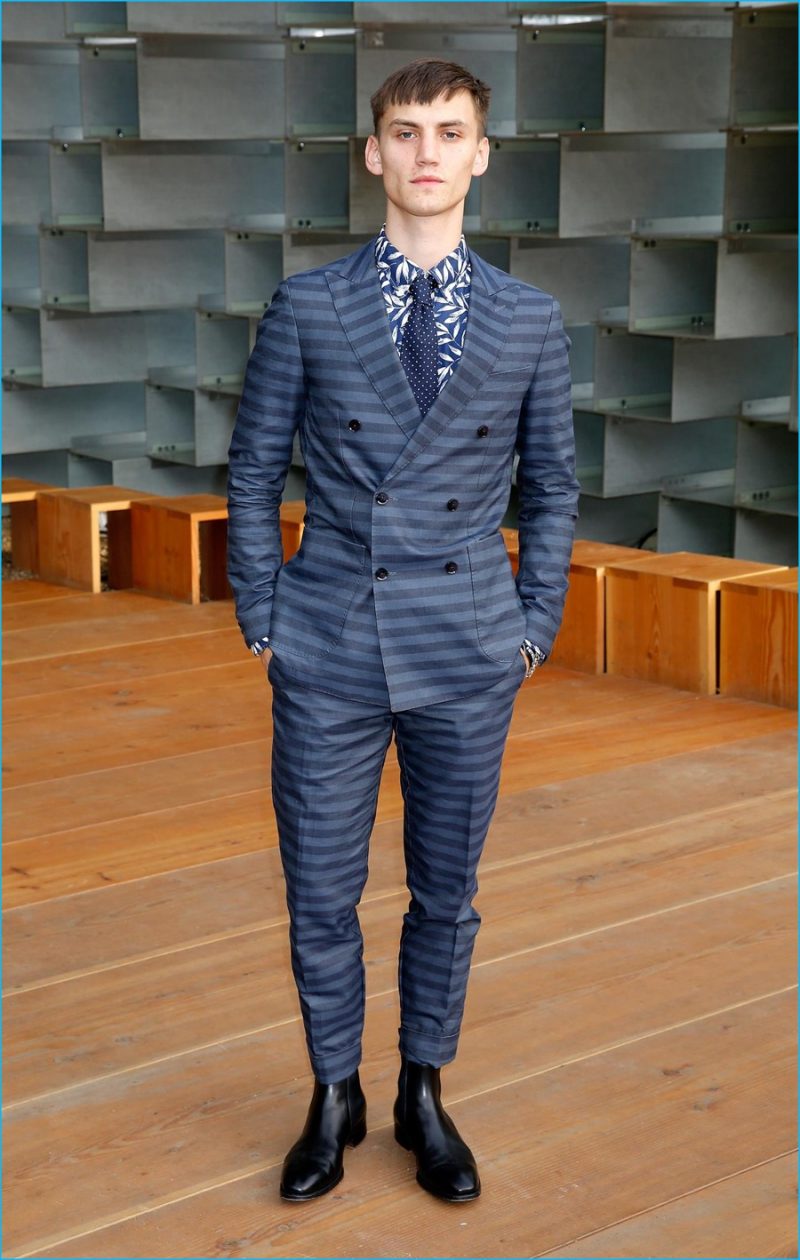 July 2016: Josh Mclellan cleans up in a striped suiting number from Tommy Hilfiger for the 2016 Serpentine Summer Party.