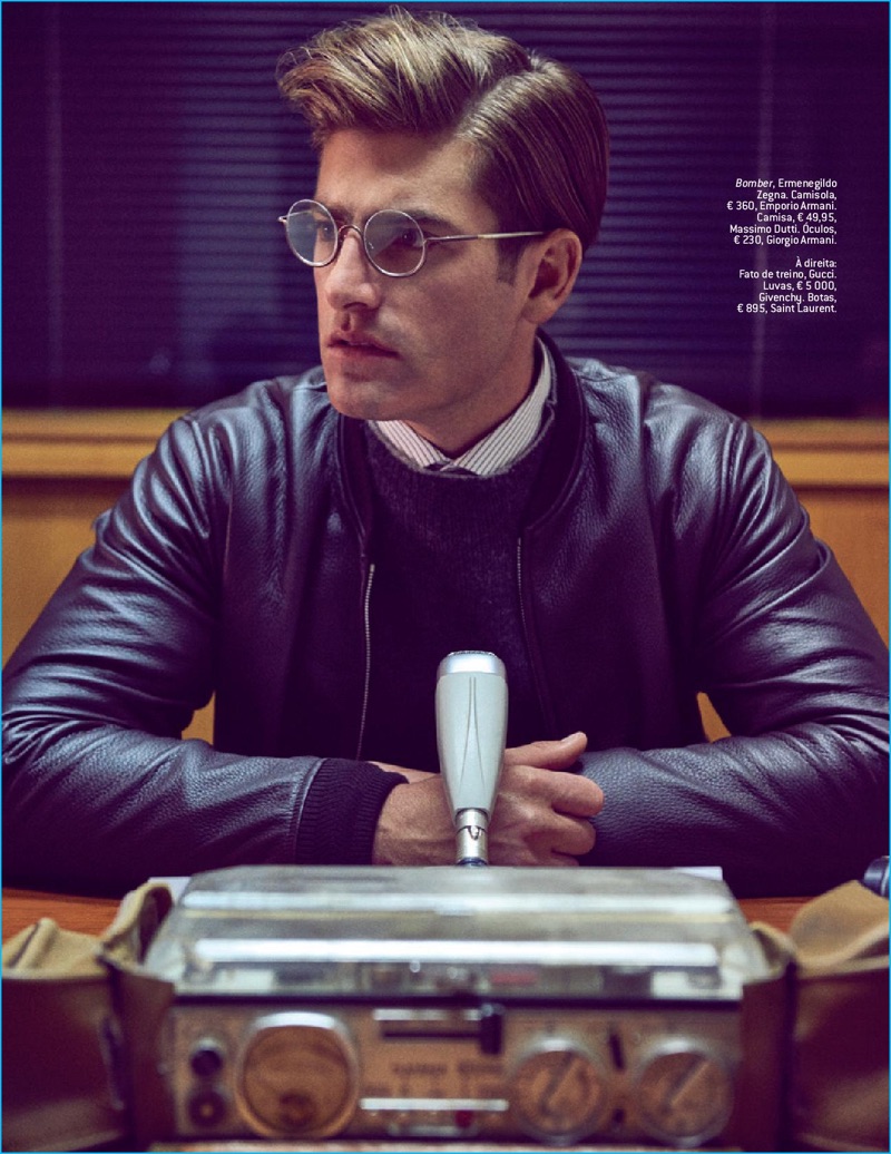 Justin Hopwood pictured in a leather bomber jacket from Ermenegildo Zegna.