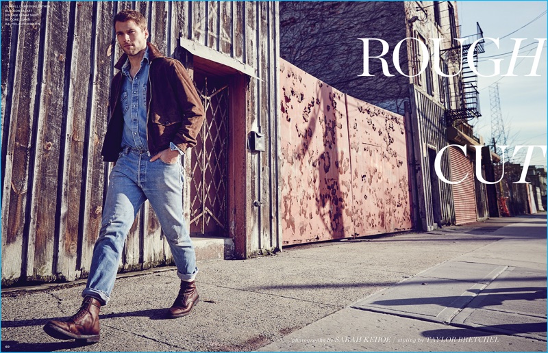 Kacey Carrig pictured in a Dunhill brown suede jacket with double denim fashions for Long Island Pulse.