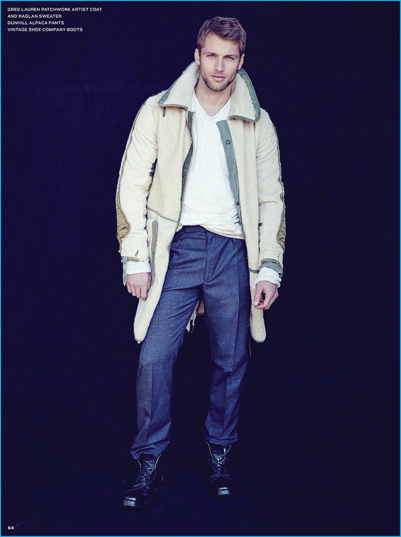 Kacey Carrig is front and center in a dynamic coat from Greg Lauren, paired with Dunhill pleated trousers.