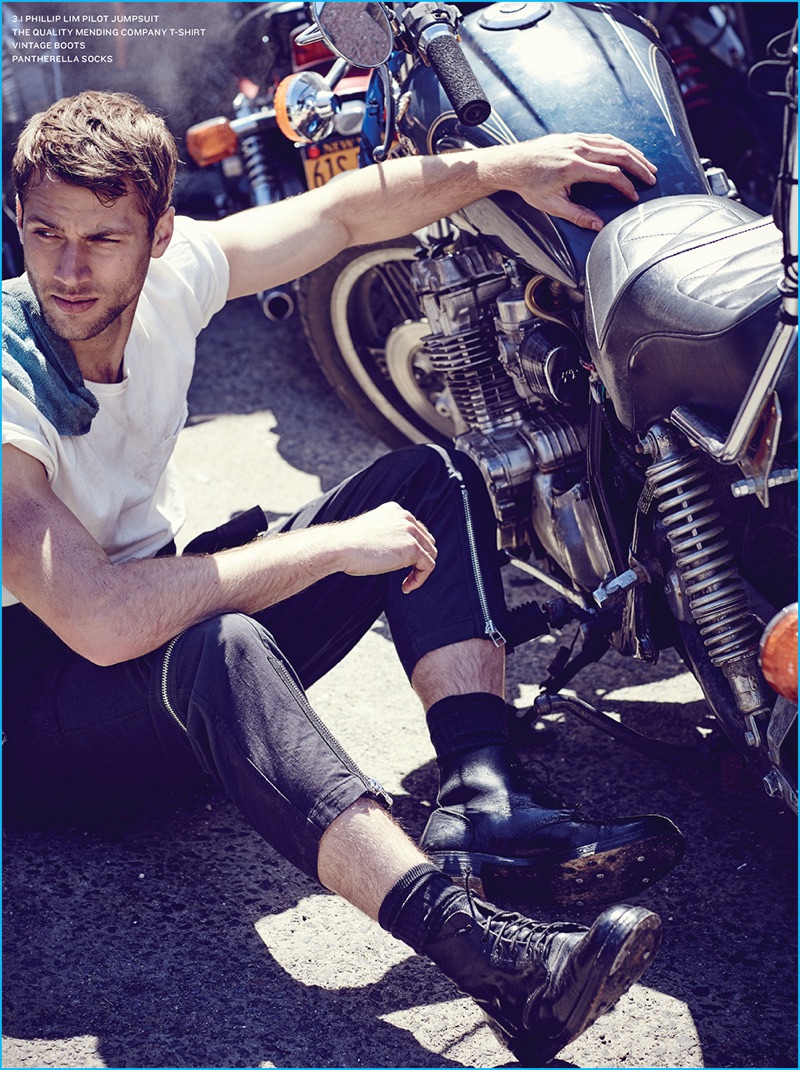 Kacey Carrig gets his hands dirty, sporting a 3.1 Phillip Lim jumpsuit.