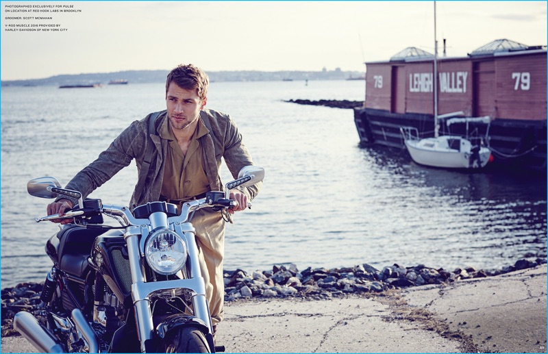 Kacey Carrig embraces rugged style as he poses with Harley-Davidson V-Rod Muscle 2016.