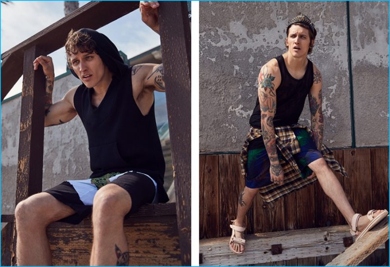 Left to Right: Leebo Freeman wears stretch cotton rib sleeveless Baja knit Baja East and banded carpet print swim shorts Givenchy. Leebo wears twisted tulle tank Rick Owens, flannel shirt Fear of God, leaf shorts Sacai and leather sandals Sacai x Hender Scheme.