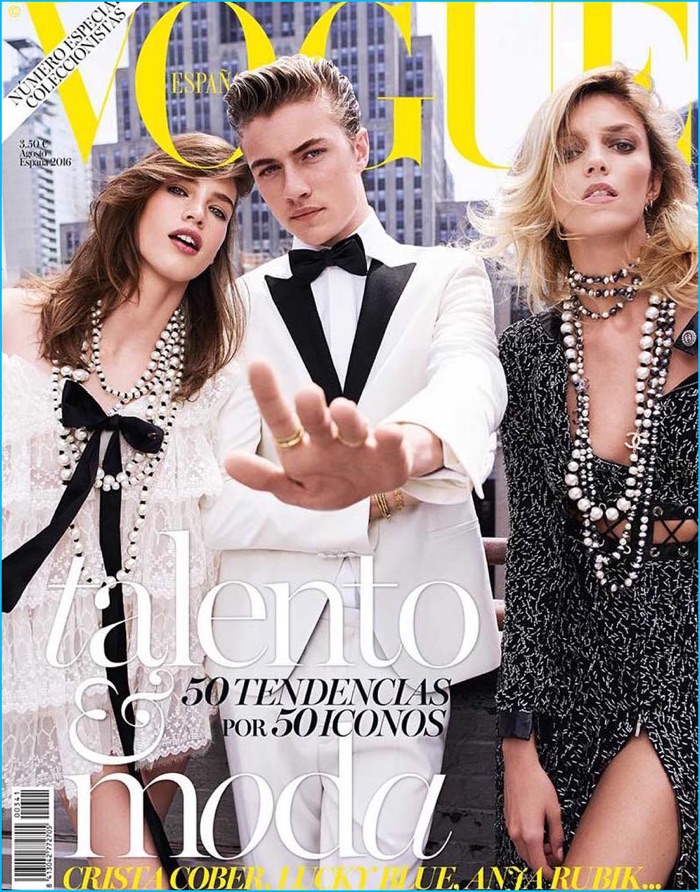 Lucky Blue Smith joins models Crista Cober and Anja Rubik for the August 2016 cover of Vogue España.
