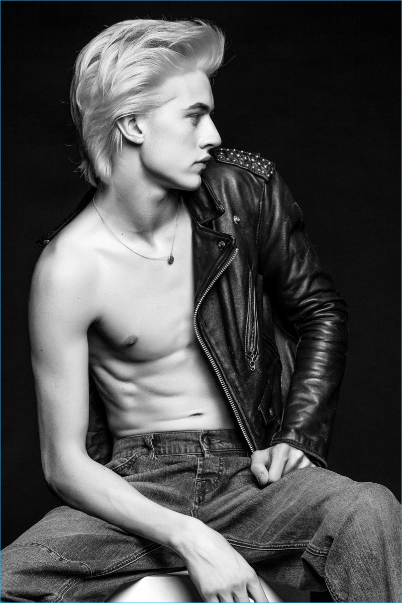 Lucky Blue Smith rocks a leather biker jacket and denim jeans for his Nylon Guys Español cover photo shoot.