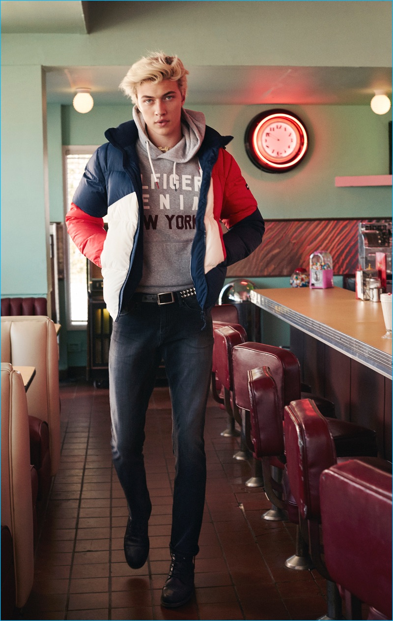 Lucky Blue Smith wears a red, white and blue look for Hilfiger Denim's fall-winter 2016 campaign.