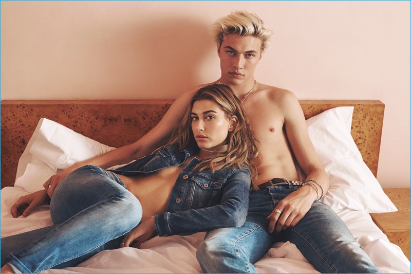 Posing shirtless, Lucky Blue Smith joins Hailey Baldwin for Hilfiger Denim's fall-winter 2016 campaign.