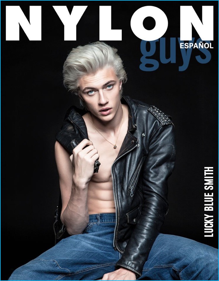 Lucky Blue Smith covers the latest issue of Nylon Guys Español in a leather biker jacket.