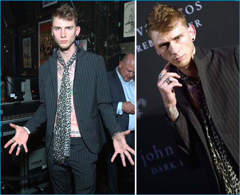 July 2016: Attending a John Varvatos afterparty during New York Fashion Week: Men, Machine Gun Kelly embodies modern rock style in a striped suit from the American designer.