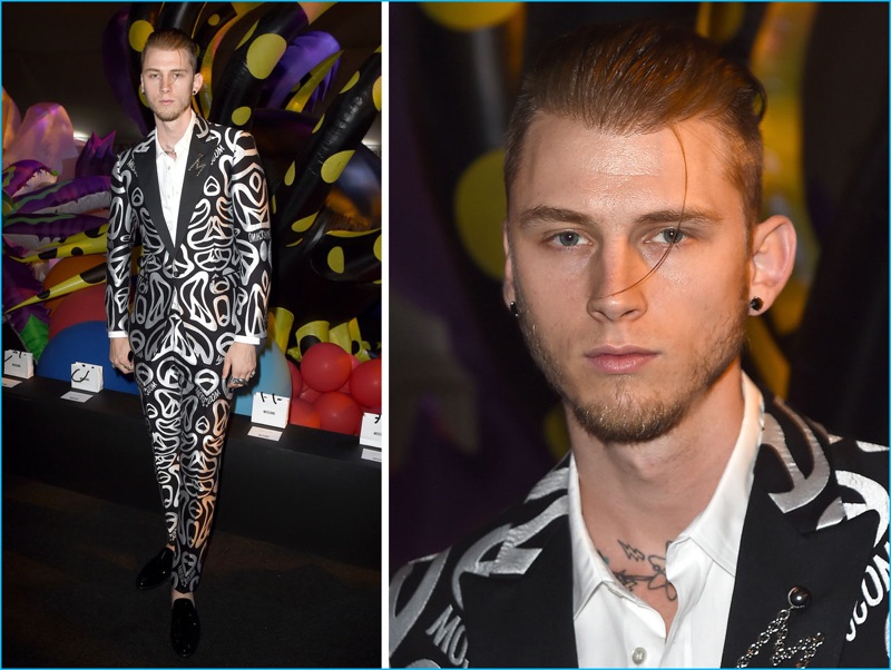 June 2016: Attending Moschino's spring-summer 2017 runway show, Machine Gun Kelly makes a case for peace in a graphic black and white suit from the Italian brand.