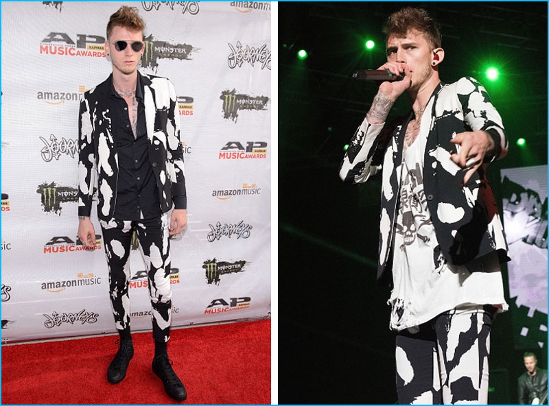 July 2016: Machine Gun Kelly attends the 2016 Alternative Press Awards, where he performed in a black and white suit from Marcelo Burlon County of Milan.