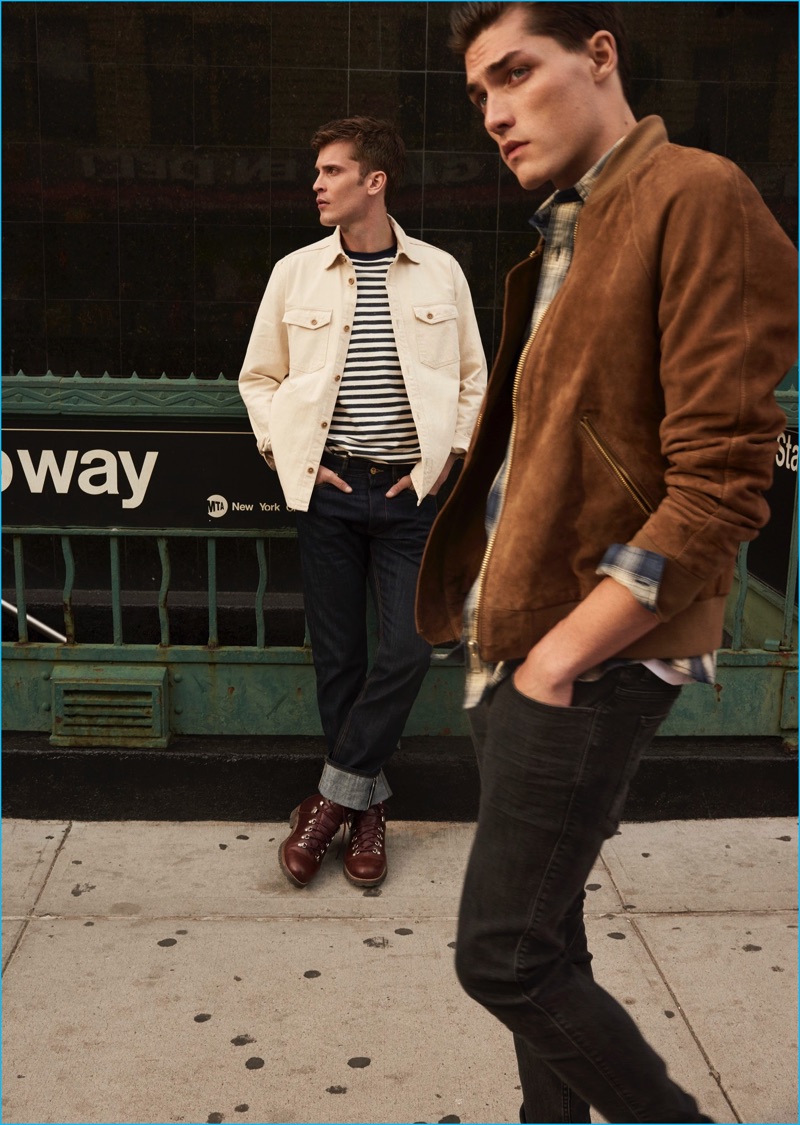 Isaac Weber and William Eustace embrace casual denim jeans for Mango's Brooklyn outing.
