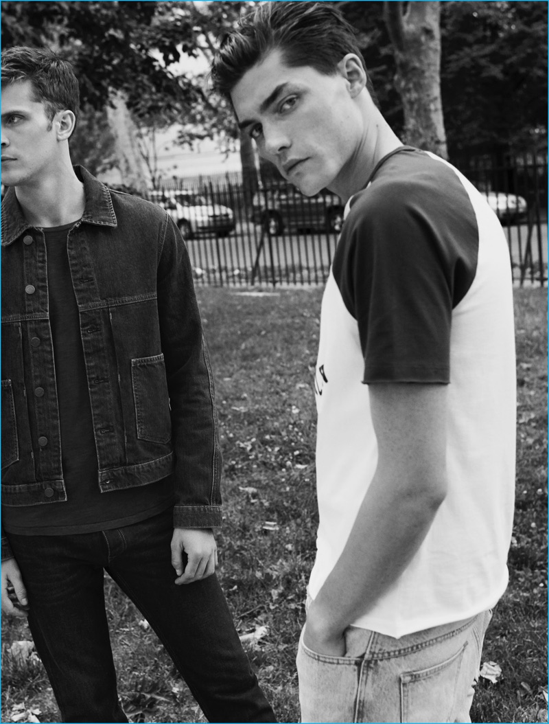 William Eustace embraces an essential Mango denim jacket, while Isaac Weber wears a sporty Make It in Brooklyn tee.