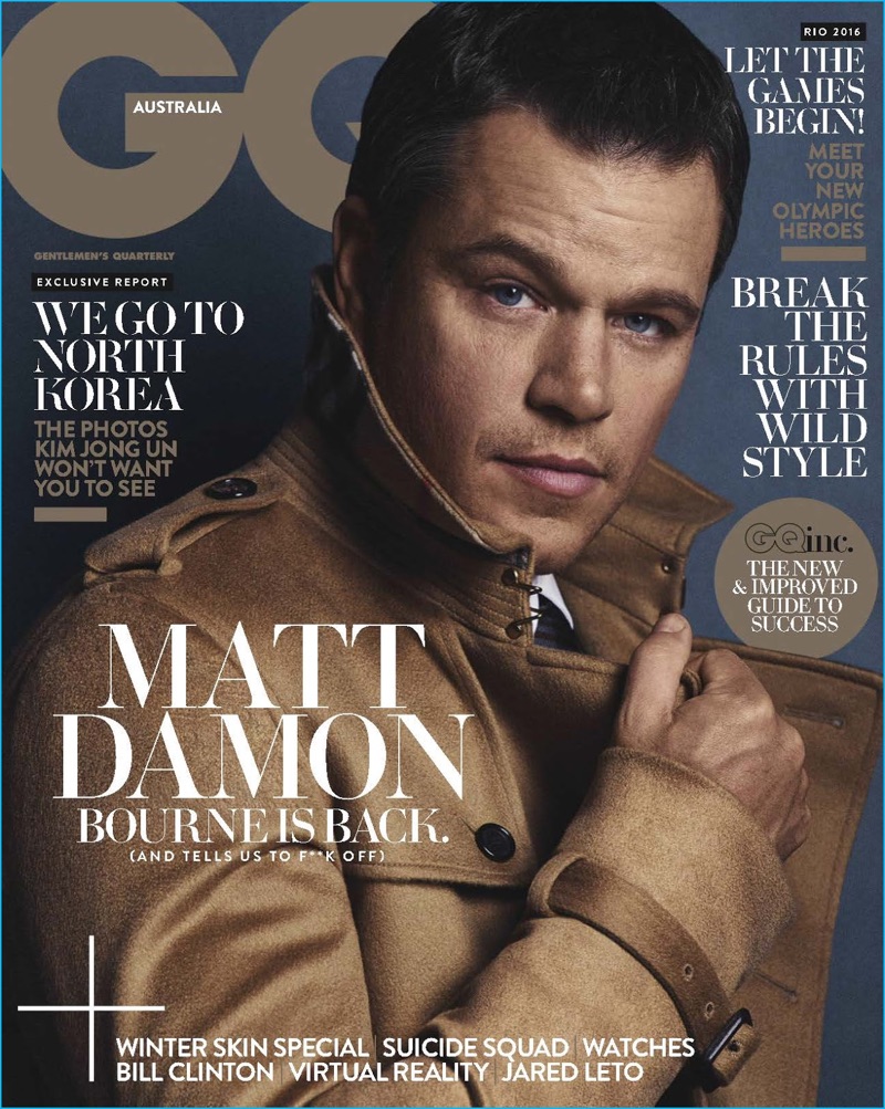 Matt Damon covers the August 2016 issue of GQ Australia.