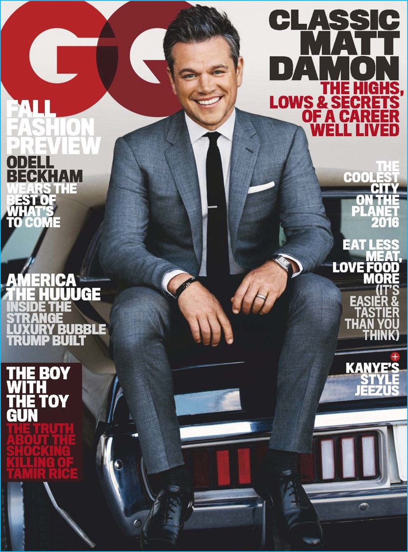 Matt Damon dons a grey suit from Ralph Lauren Purple Label for the August 2016 cover of American GQ.