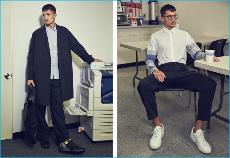 Left to Right: Frederik Woloszynski wears notch lapel coat Second/Layer, Scout shirt A.P.C., Sailor pinstripe trousers Our Legacy, deconstructed sneakers Maison Margiela and large tote Guidi. Frederik wears patchwork shirt Loewe, twill trousers Acne Studios, leather Bball low sneakers Common Projects and clip-on sunglasses Thom Browne.