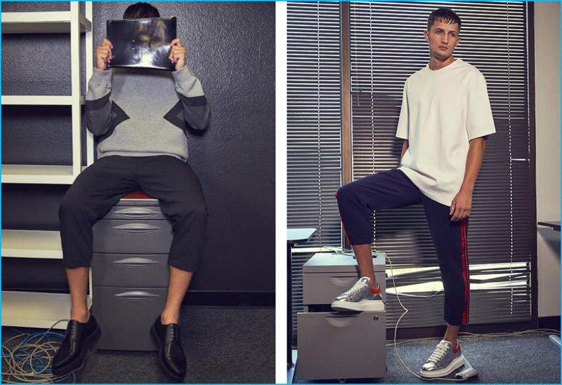 Left to Right: Frederik Woloszynski wears Modernist sweatshirt Neil Barrett, micro seersucker cropped trousers Helmut Lang, waxed calfskin derbies Lanvin and leather pouch Maison Margiela. Frederik wears Chelsea oversized tee Acne Studios, striped trousers and platform sneakers Alexander McQueen.