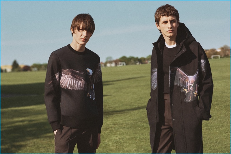 Finnlay Davis and Henry Kitcher model sporty fashions for Neil Barrett's fall-winter 2016 campaign.