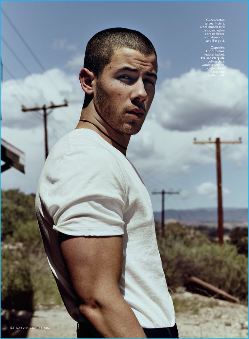 Nick Jonas pictured in a casual look from Italian label Gucci.