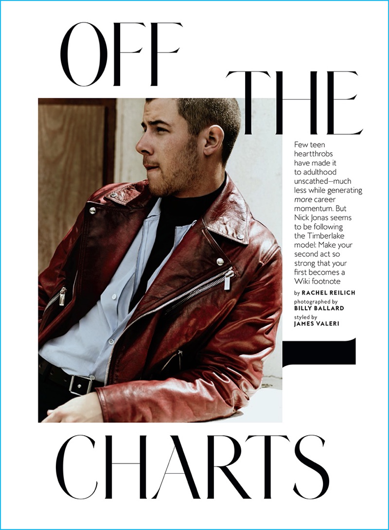 Wearing a Dior Homme red leather biker jacket, Nick Jonas appears in a stylish photo shoot for InStyle.
