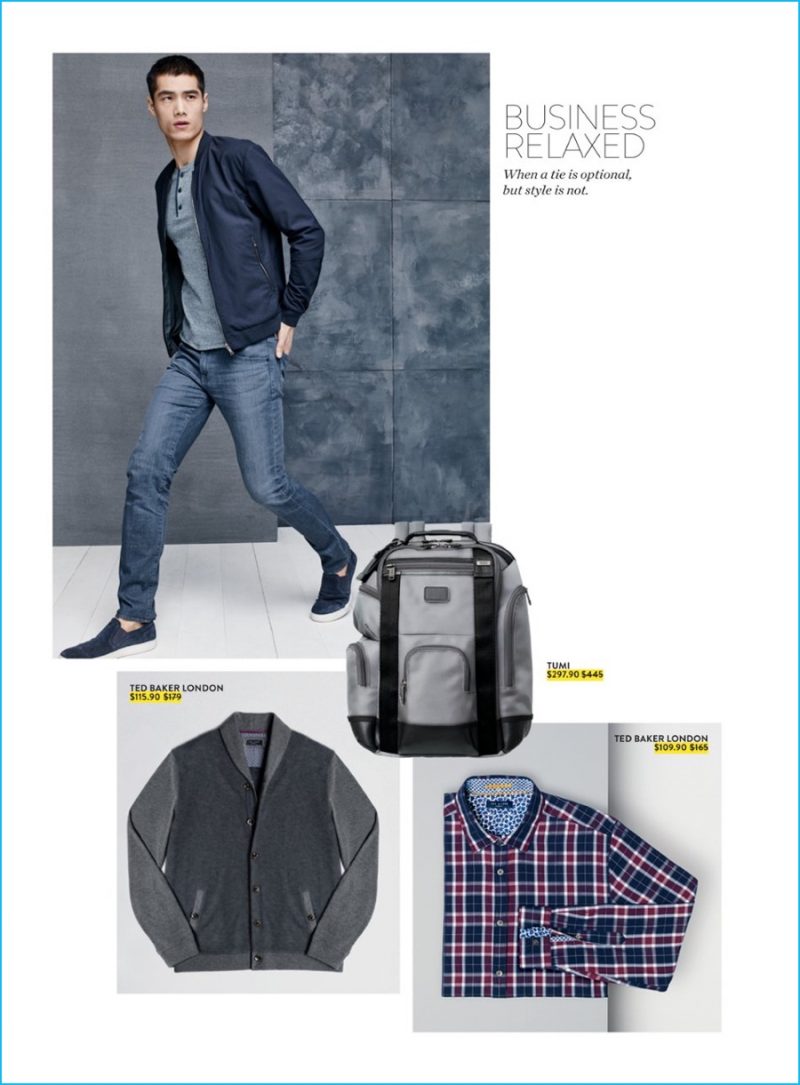 AG Matchbox jeans slim fit jeans, Vince henley, Baron slip on sneakers and reversible stretch wool bomber jacket. Pictured Below: Ted Baker London shawl cardigan, Tumi nylon backpack and Ted Baker London slim fit plaid shirt.