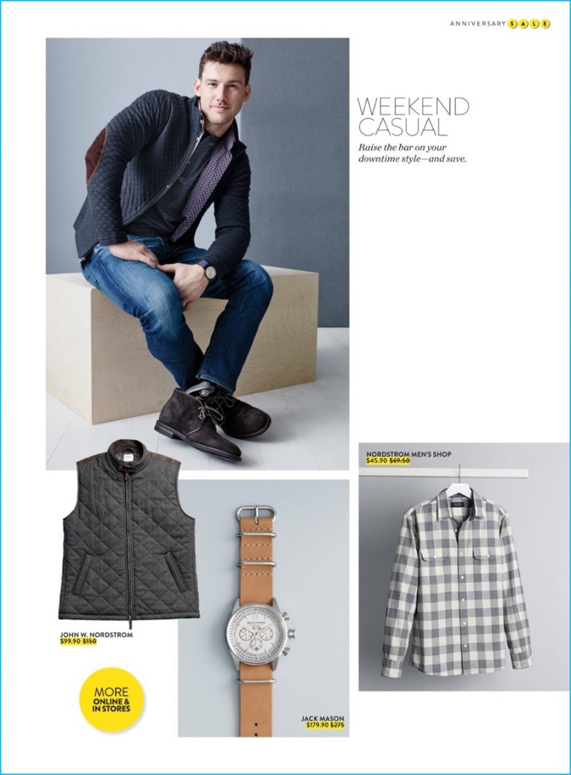 AG Graduate slim straight jeans, Aquatalia Carlos chukka boots, Ted Baker London watch and strap set, Billy Reid henley and quilted jacket. Pictured Below: John W. Nordstrom quilted tweed vest, Jack Mason watch and Nordstrom Men's Shop buffalo check shirt.