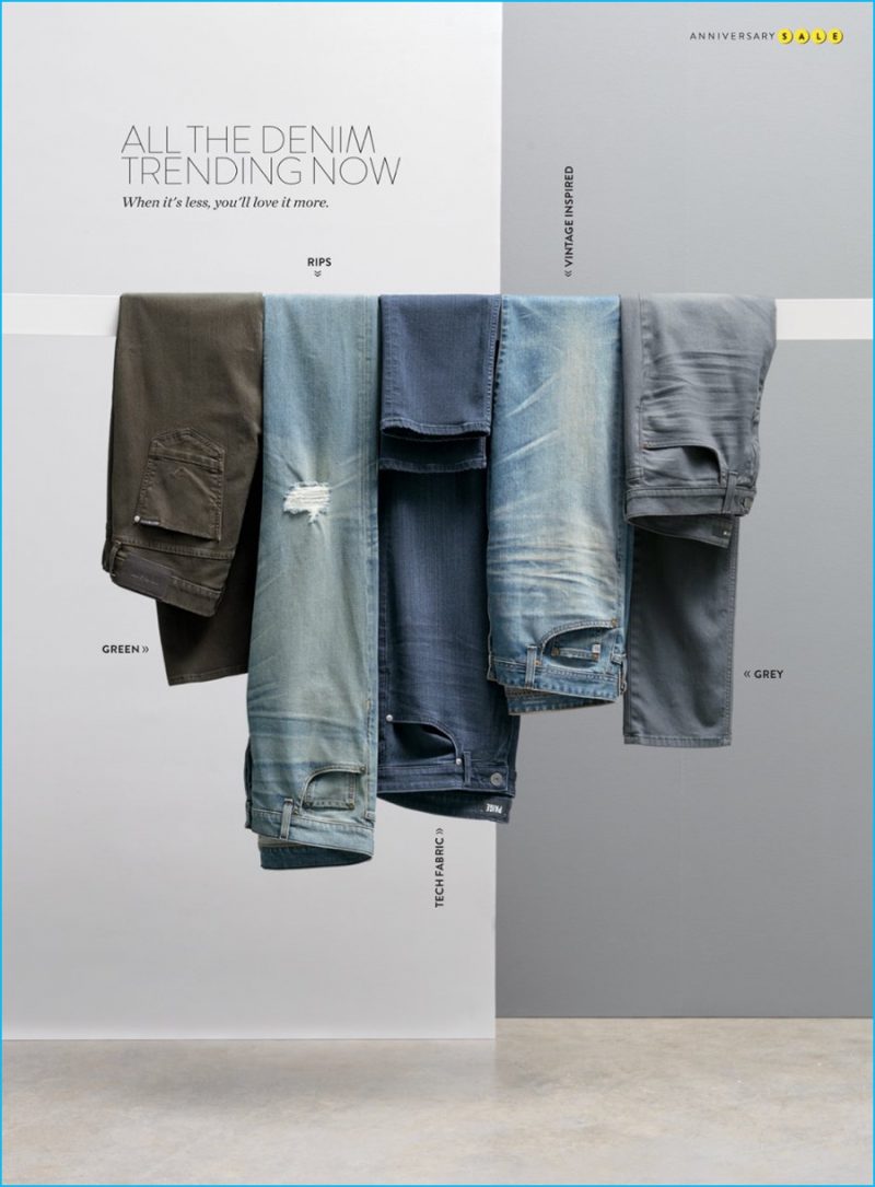 All the Denim Trending Now (Pictured Left to Right): Hudson Jeans Byron slim straight leg jeans, Rag & Bone Standard Issue Fit 2 slim fit jeans, Paige Denim Federal Transcend slim straight leg jeans, AG Graduate slim straight leg jeans and Joe's Brixton slim fit jeans.