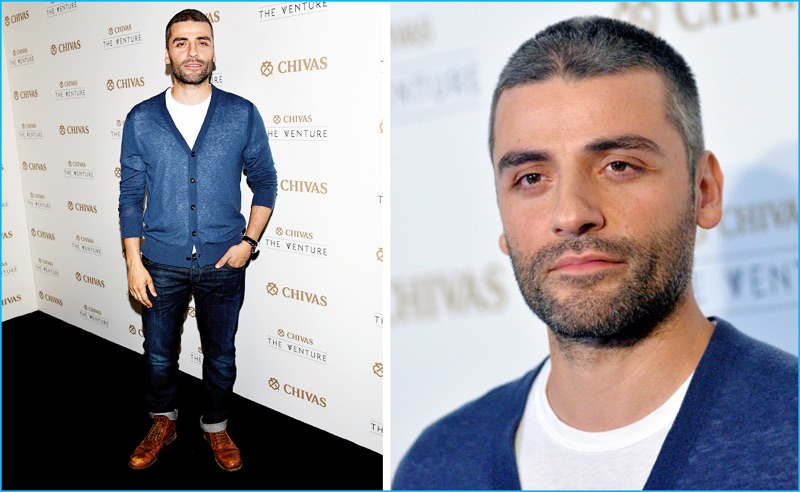 July 2016: Oscar Isaac steps out for Chivas' The Venture Final Event in a casual look from Rag & Bone.