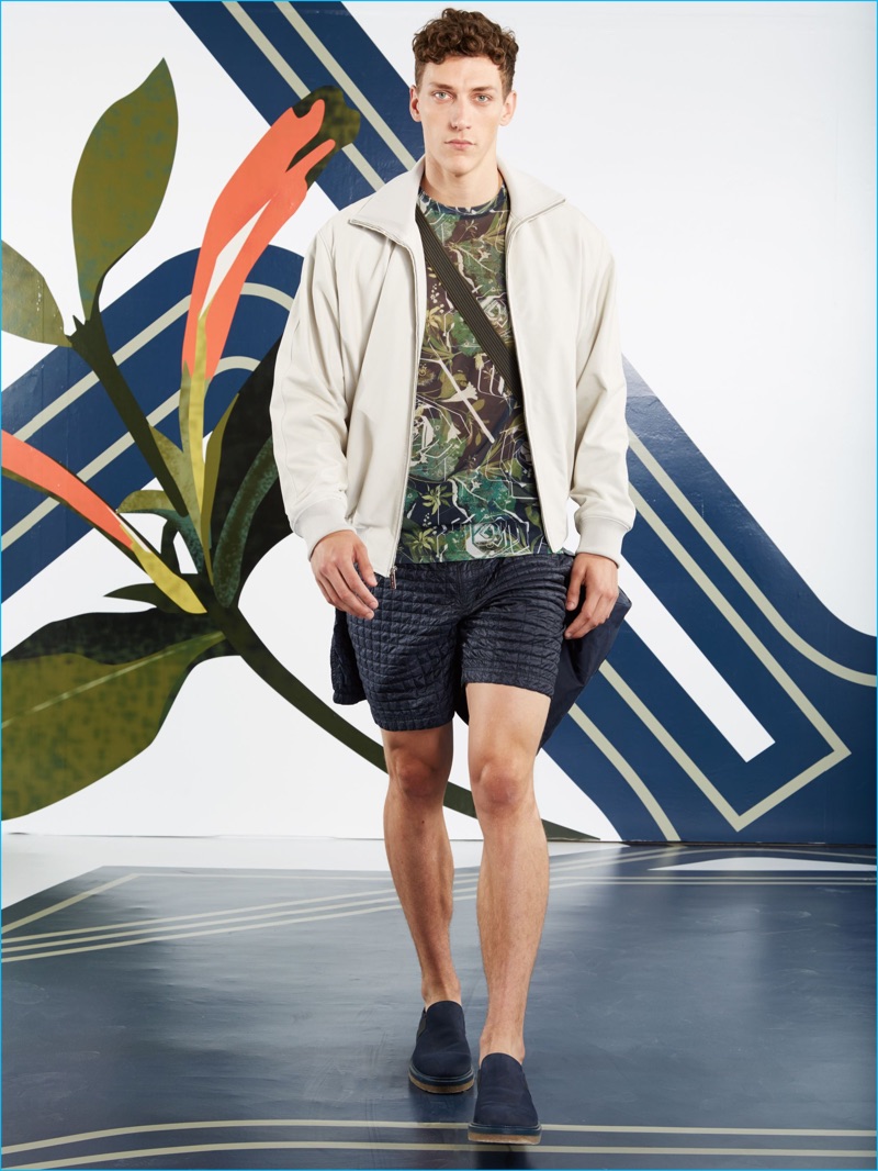 Perry Ellis introduces a hybrid of a bomber and track jacket for spring-summer 2017.